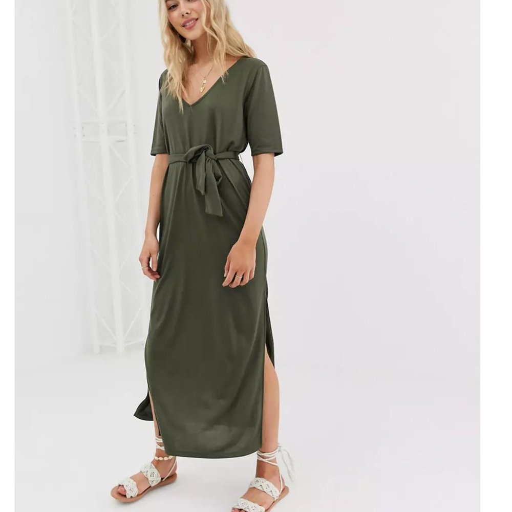ASOS olive green belted maxi dress w/side slit 6